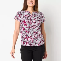 Liz Claiborne Womens Split Crew Neck Short Sleeve Blouse