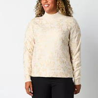 Liz Claiborne Plus Womens Mock Neck Long Sleeve Scroll Pullover Sweater