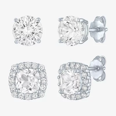 Yes, Please! Lab Created White Sapphire Sterling Silver Round Cushion 2 Pair Earring Set