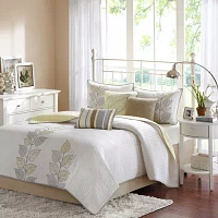 Madison Park Jocelyn 6-Pc Embroidered Leaf Quilt Set With Throw Pillows