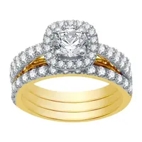 (H-I / I1) Womens 2 CT. T.W. Lab Grown White Diamond 10K Gold Round Cushion Side Stone Halo Bridal Set