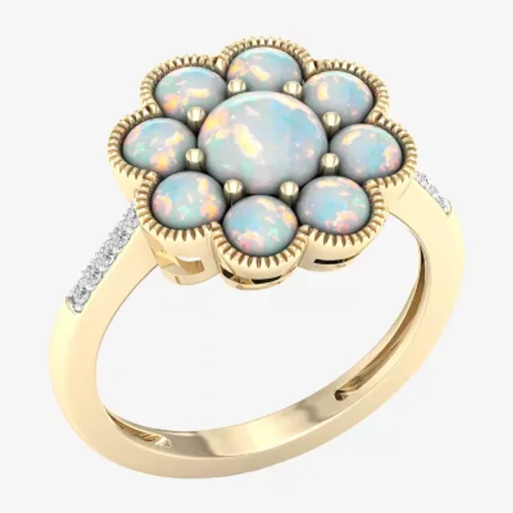 Womens Lab Created White Opal 14K Gold Over Silver Cluster Cocktail Ring