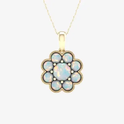 Womens Lab Created White Opal 14K Gold Over Silver Flower Pendant Necklace