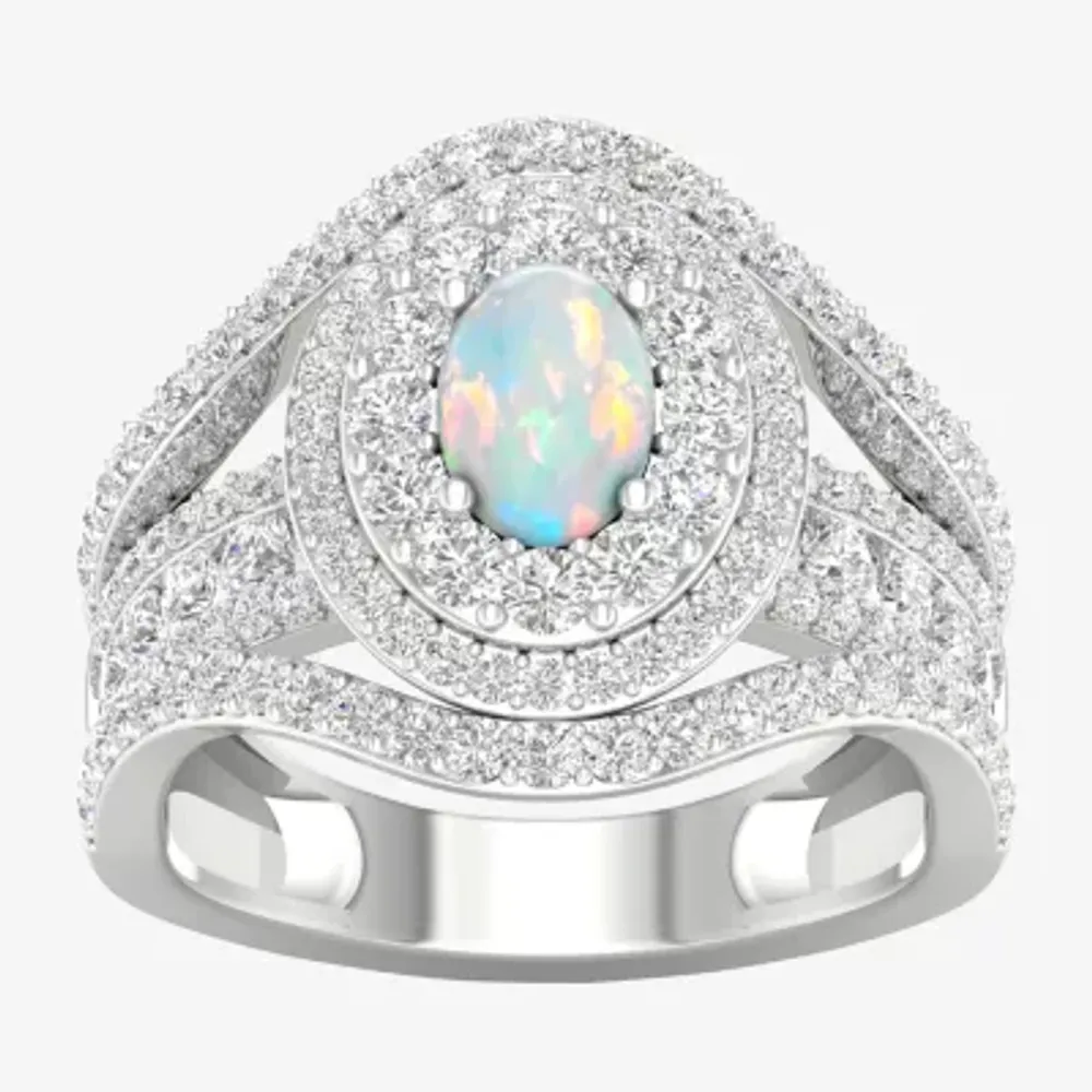 Womens Lab Created White Opal Sterling Silver Halo Cocktail Ring