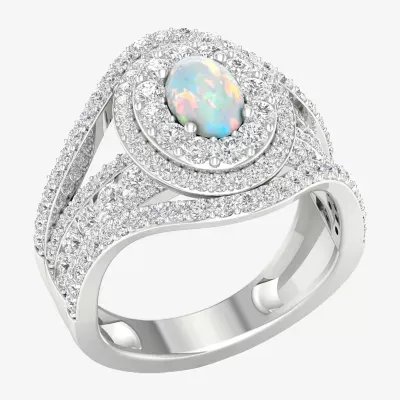 Womens Lab Created White Opal Sterling Silver Halo Cocktail Ring