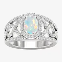 Womens Lab Created White Opal Sterling Silver Halo Cocktail Ring