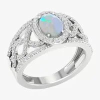 Womens Lab Created White Opal Sterling Silver Halo Cocktail Ring