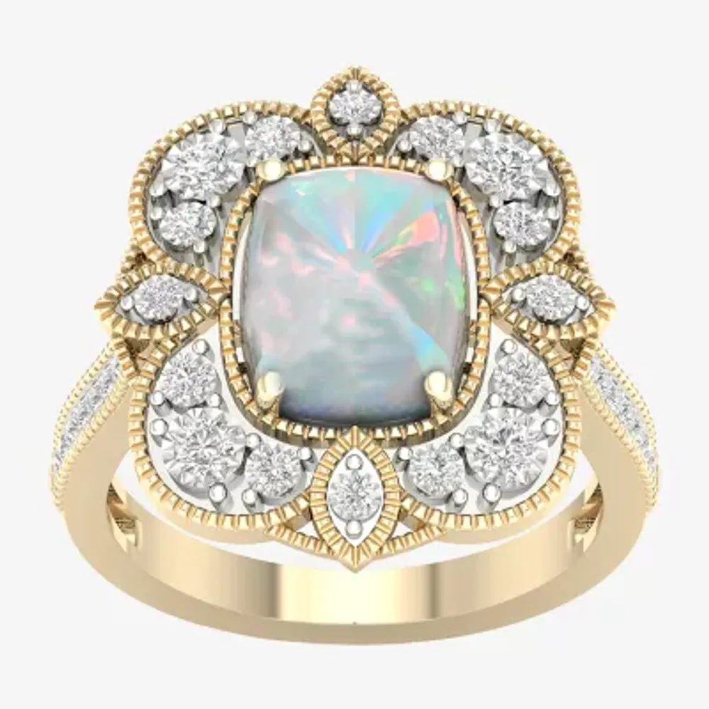 Womens Lab Created White Opal 14K Gold Over Silver Halo Cocktail Ring