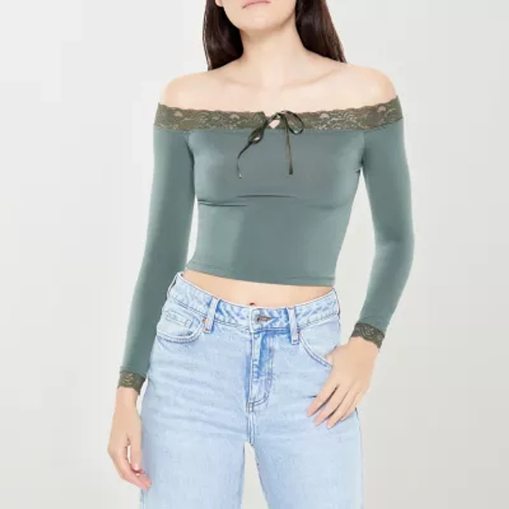 Forever 21 Lace Trim Off Shoulder Womens Long Sleeve Crop Top Juniors