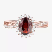 Womens Genuine Red Garnet 14K Gold Over Silver Oval Crossover Halo Stackable Ring