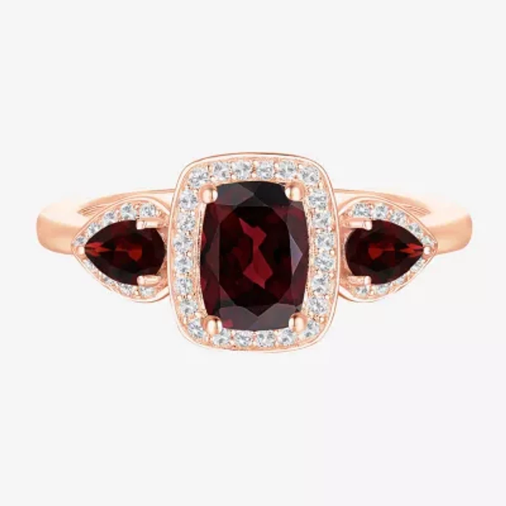 Womens Genuine Red Garnet 14K Gold Over Silver Oval Halo Side Stone Stackable Ring