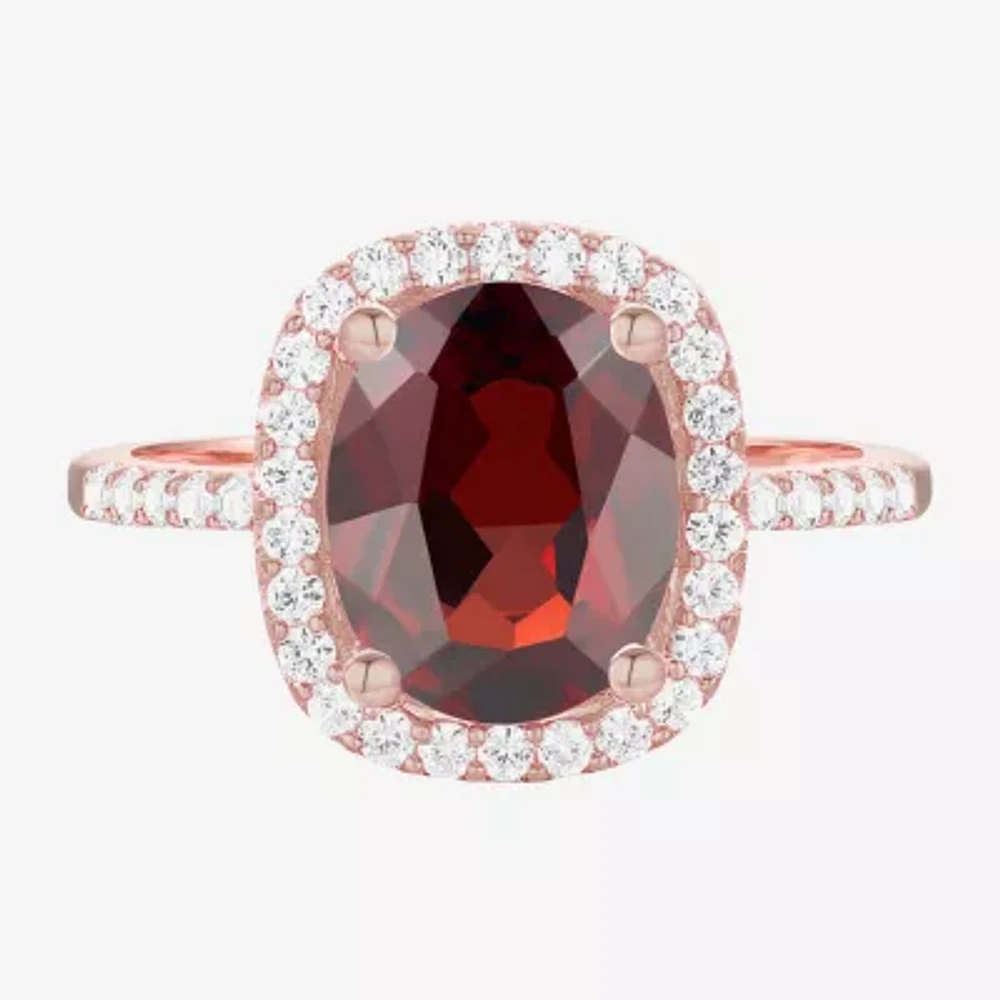 Womens Genuine Red Garnet 14K Gold Over Silver Cushion Halo Side Stone Stackable Ring