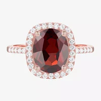 Womens Genuine Red Garnet 14K Gold Over Silver Cushion Halo Side Stone Stackable Ring