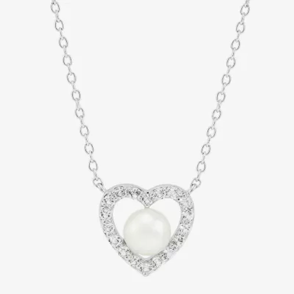 Womens White Cultured Freshwater Pearl Sterling Silver Heart Pendant Necklace