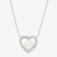 Womens White Cultured Freshwater Pearl Sterling Silver Heart Pendant Necklace