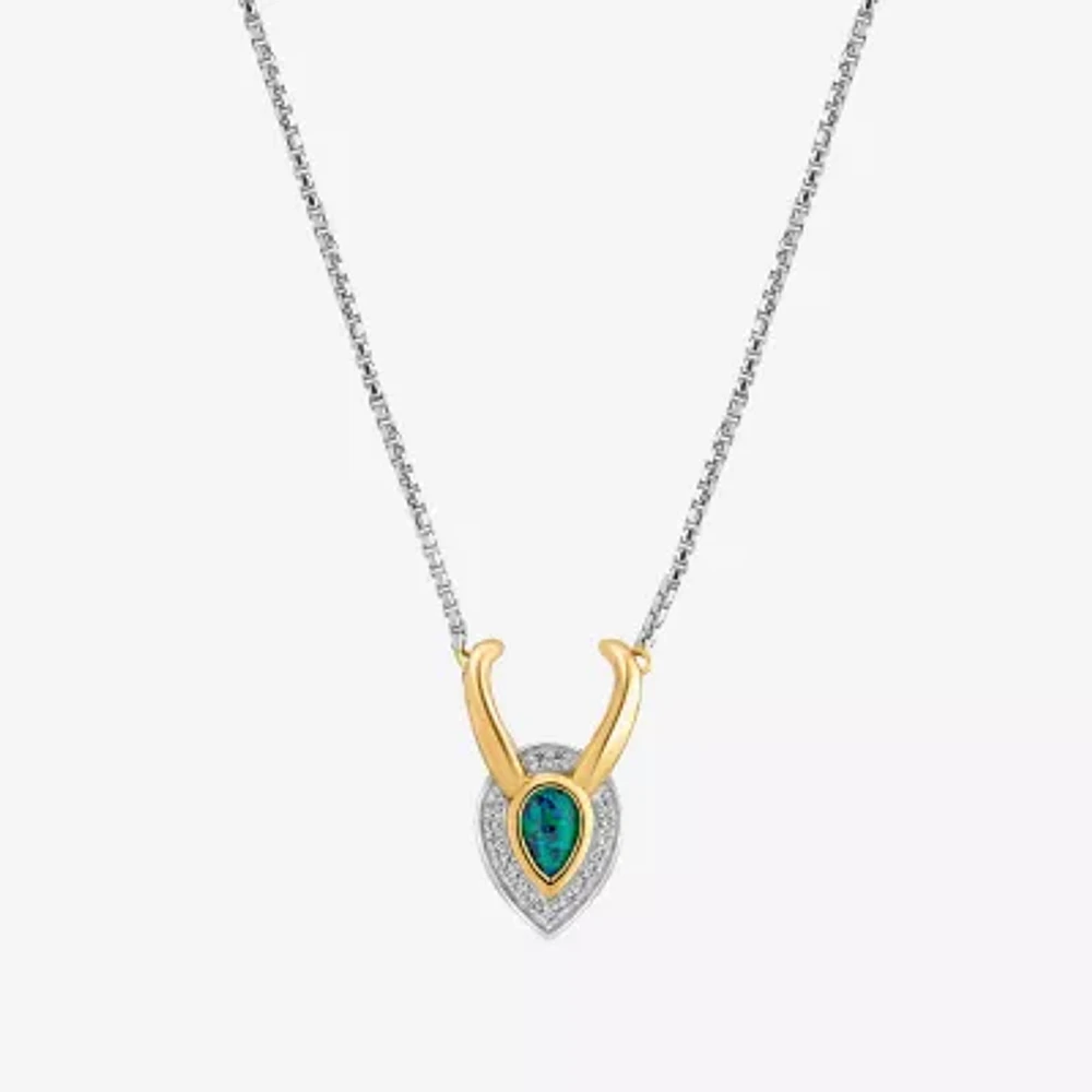 Marvel Fine Jewelry Womens Diamond Accent Lab Created Green Opal 14K Gold Over Silver Pear Loki Pendant Necklace