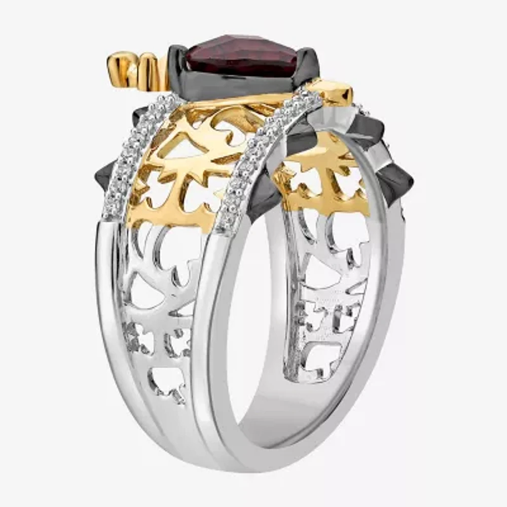 Enchanted Disney Fine Jewelry Womens 1/8 CT. T.W. Genuine Red Garnet 14K Gold Over Silver Heart Evil Queen Side Stone Solitaire Cocktail Ring