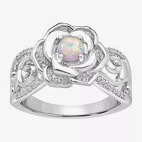 Enchanted Disney Fine Jewelry Womens 1/8 CT. T.W. Lab Created White Opal Sterling Silver Flower Cinderella Princess Side Stone Solitaire Cocktail Ring