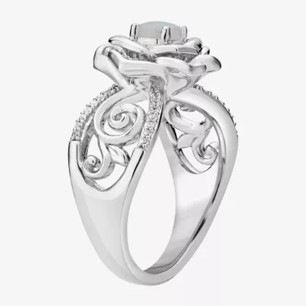 Enchanted Disney Fine Jewelry Womens 1/8 CT. T.W. Lab Created White Opal Sterling Silver Flower Cinderella Princess Side Stone Solitaire Cocktail Ring