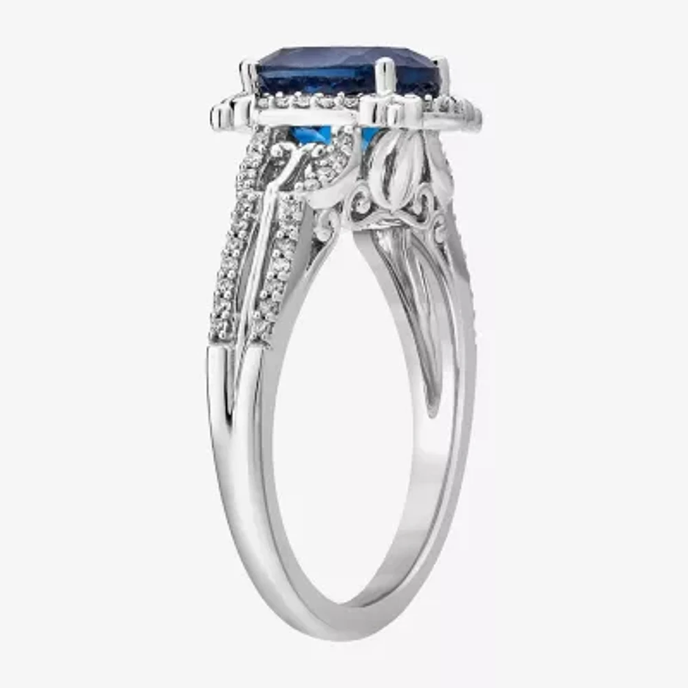 Enchanted Disney Fine Jewelry Womens 1/5 CT. Lab Created Blue Topaz Sterling Silver Cinderella Side Stone Solitaire Cocktail Ring