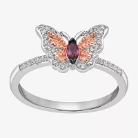 Enchanted Disney Fine Jewelry Womens 1/6 CT. T.W. Lab Created Red Garnet 14K Gold Over Silver Sterling Butterfly Princess Mulan Side Stone Cocktail Ring