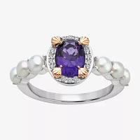 Enchanted Disney Fine Jewelry Womens Diamond Accent 3MM Lab Created Purple Cultured Freshwater Pearl Amethyst 14K Rose Gold Over Silver Oval Ariel Princess Side Stone Solitaire Cocktail Ring