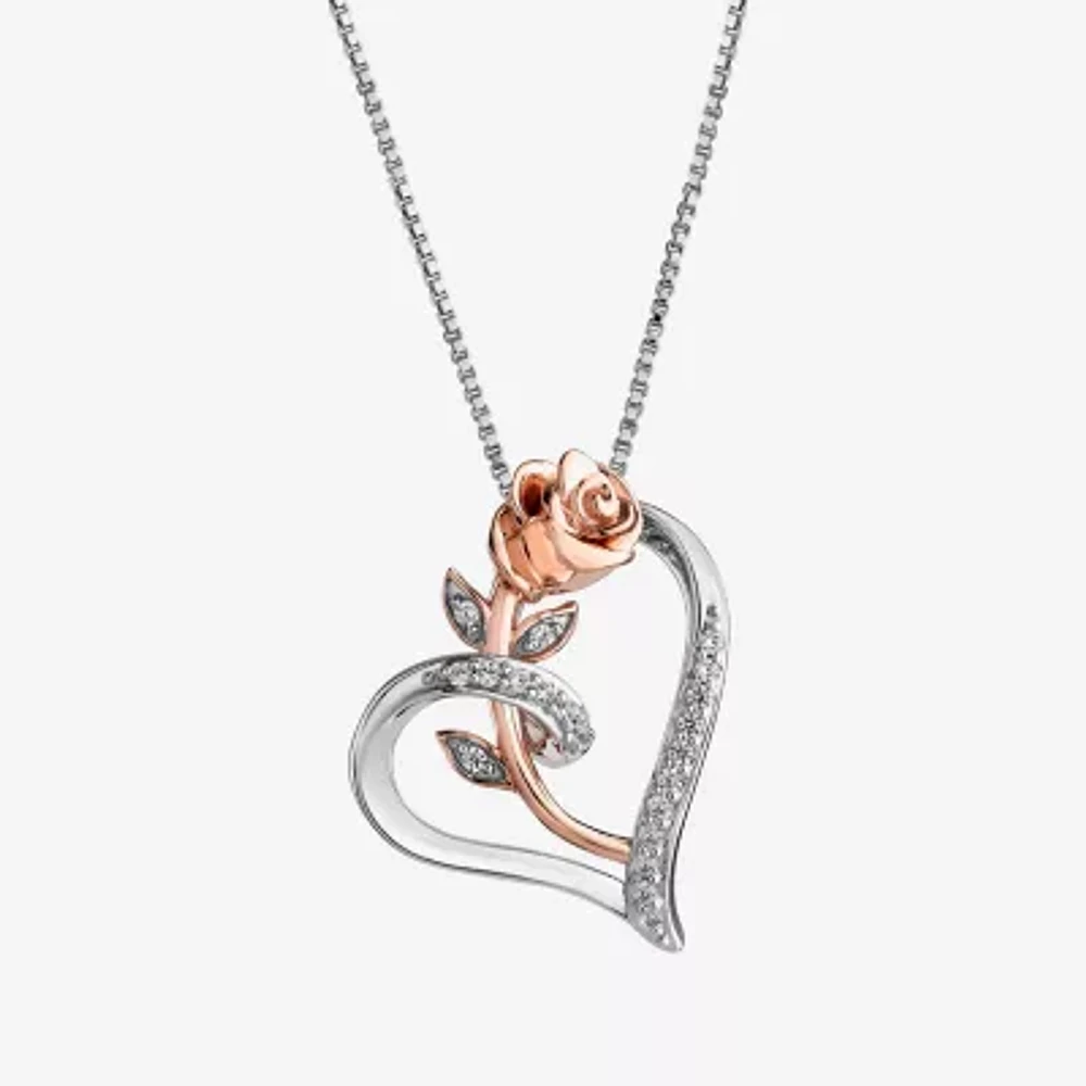 Enchanted Disney Fine Jewelry Womens 1/10 CT. T.W. Natural White Diamond 14K Rose Gold Over Silver Flower Heart Belle Princess Pendant Necklace