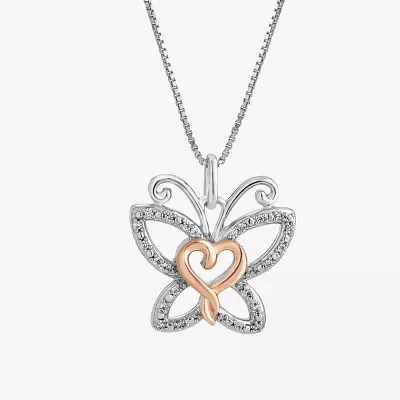 Hallmark Diamonds Womens Diamond Accent Natural White Diamond 14K Two Tone Gold Over Silver Butterfly Heart Pendant Necklace