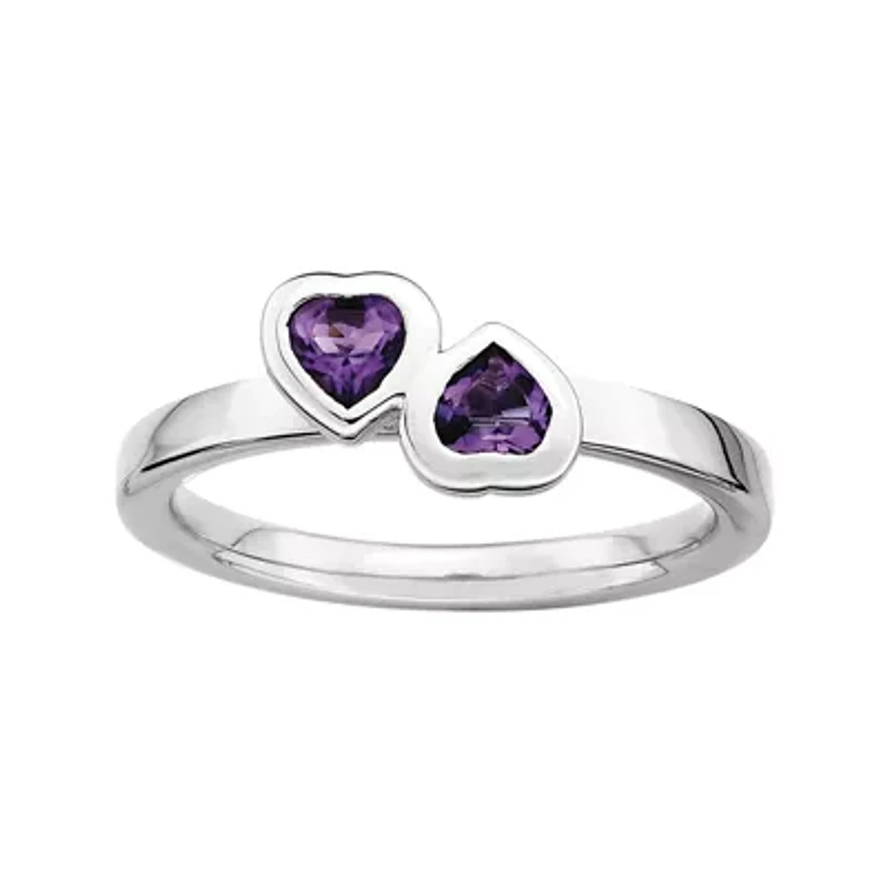 Personally Stackable Genuine Amethyst Sterling Silver Double-Heart Ring