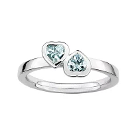 Personally Stackable Genuine Aquamarine Sterling Silver Double-Heart Ring