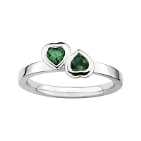 Personally Stackable Lab-Created Emerald Sterling Silver Double-Heart Ring