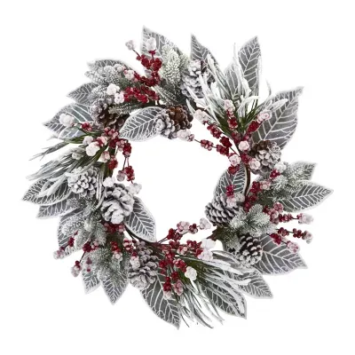 Nearly Natural 24in. Snowy Magnolia Berry Indoor Christmas Wreath