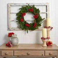 Nearly Natural 24in. Magnolia Leaf; Berry And Pine Indoor Christmas Wreath