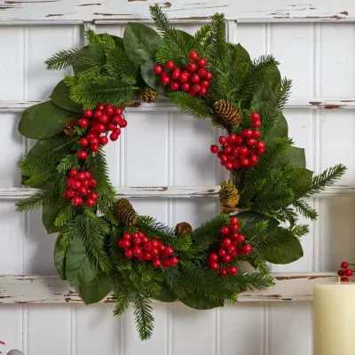 Nearly Natural 24in. Magnolia Leaf; Berry And Pine Indoor Wreath