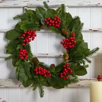 Nearly Natural 24in. Magnolia Leaf; Berry And Pine Indoor Christmas Wreath