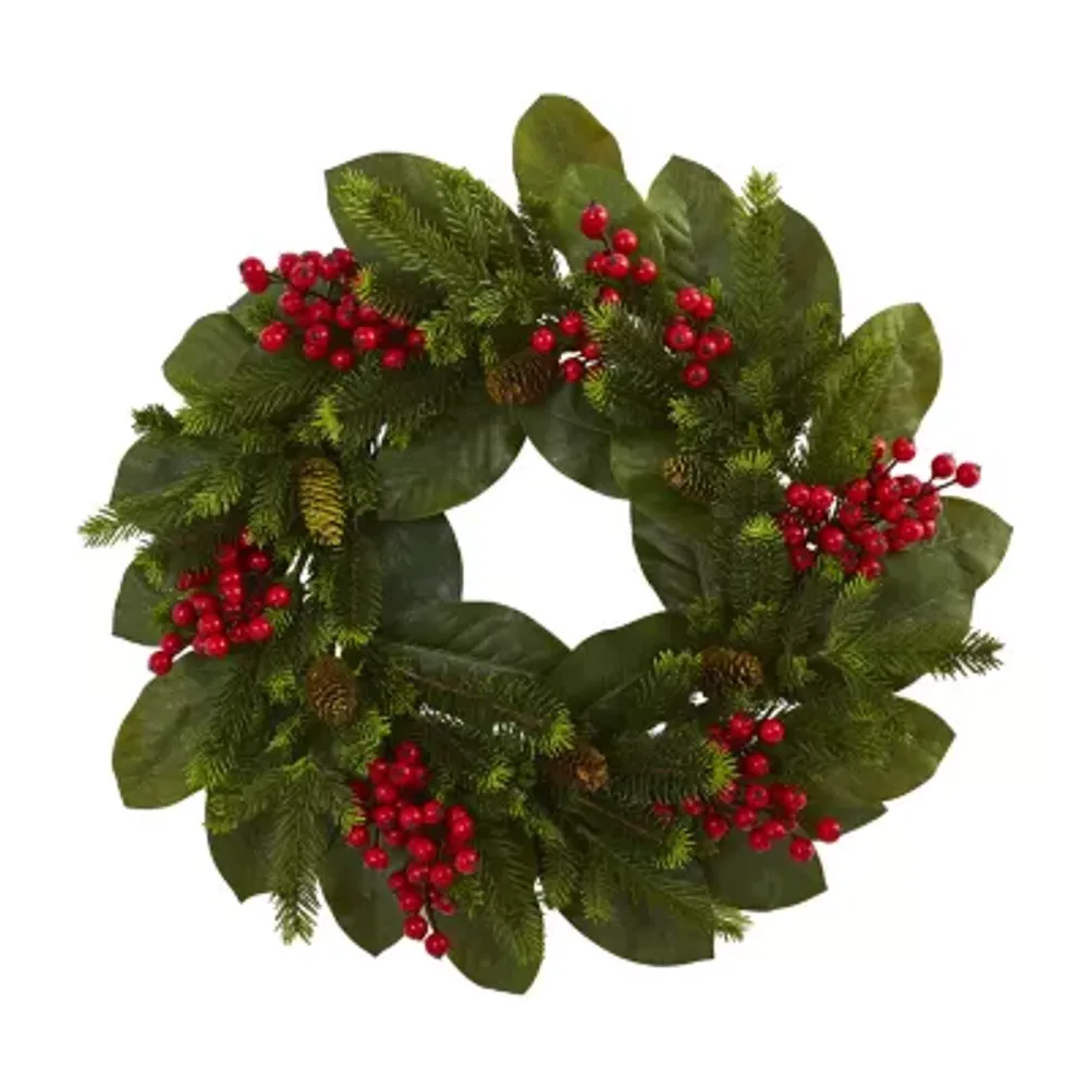 Nearly Natural 24in. Magnolia Leaf; Berry And Pine Indoor Christmas Wreath