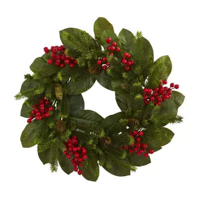 Nearly Natural 24in. Magnolia Leaf; Berry And Pine Indoor Wreath