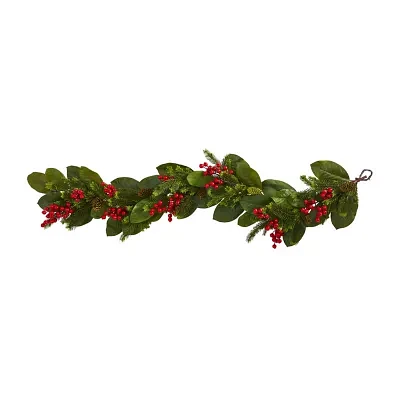 Nearly Natural 5ft. Magnolia Berry Pine Christmas Indoor Garland