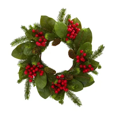 Nearly Natural 19in. Magnolia Leaf; Berry And Pine Indoor Christmas Wreath