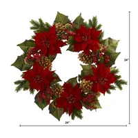 Nearly Natural 24in. Poinsettia; Berry And Golden Pinecone Indoor Christmas Wreath