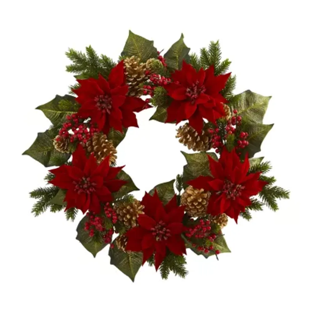 Nearly Natural 24in. Poinsettia; Berry And Golden Pinecone Indoor Christmas Wreath