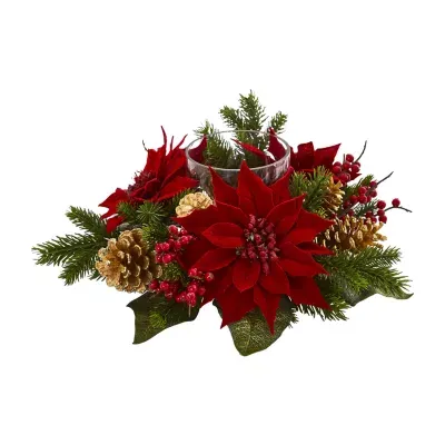 Nearly Natural Poinsettia; Berry And Golden Pinecone Christmas Tabletop Decor