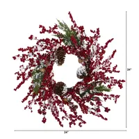 Nearly Natural 24in. Frosted With Berries And Pine Cones Indoor Christmas Wreath