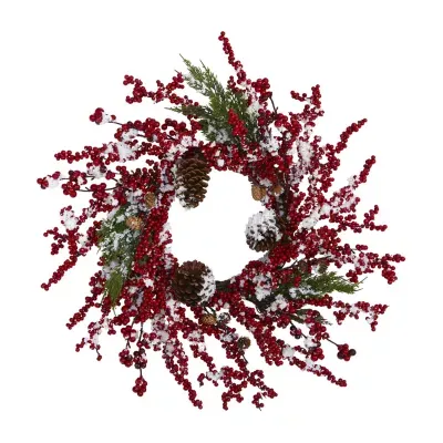 Nearly Natural 24in. Frosted With Berries And Pine Cones Indoor Christmas Wreath