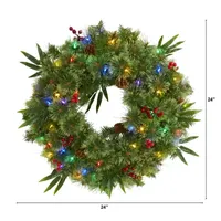 Nearly Natural 24in. Mixed Pine With Berries And Pine Cones Indoor Pre-Lit Christmas Wreath
