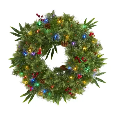 Nearly Natural 24in. Mixed Pine With Berries And Pine Cones Indoor Pre-Lit Christmas Wreath