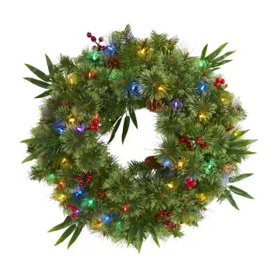 Nearly Natural 24in. Mixed Pine With Berries And Pine Cones Pre-Lit Indoor Wreath