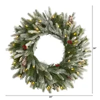 Nearly Natural 24in. Snowed With 50 Warm White Led Lights And Pine Cones Indoor Pre-Lit Christmas Wreath