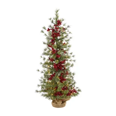 Nearly Natural 4 Foot Pine In Burlap Wrapped Base With Berry And 100 Warm White Lights Pre-Lit Christmas Tree