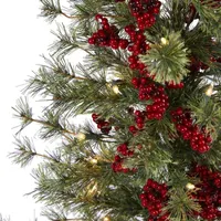 Nearly Natural 4 Foot Pine In Burlap Wrapped Base With Berry And 100 Warm White Lights Pre-Lit Christmas Tree